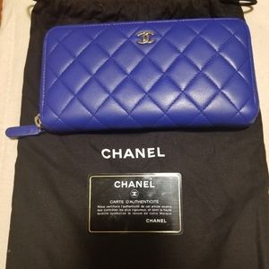Chanel Blue Lambskin Large Zip Around Wallet